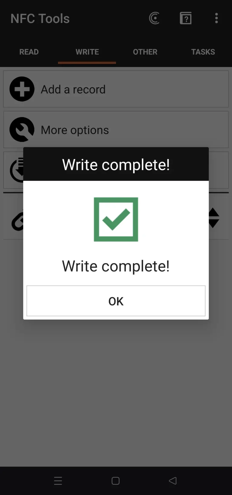 Step 9 - Congratulations! The link successfully write to the NFC card.